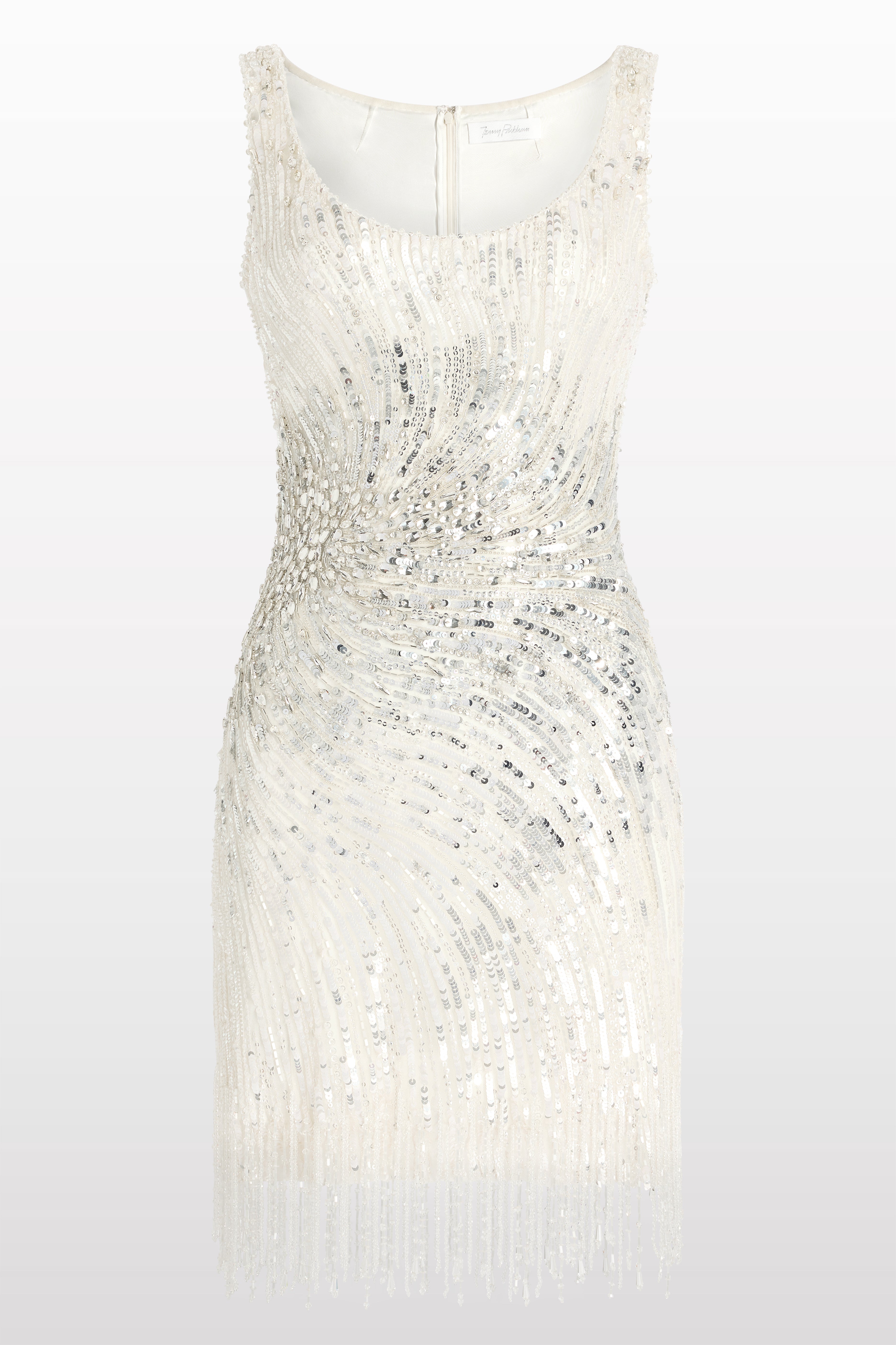 White beaded evening gown on a white background