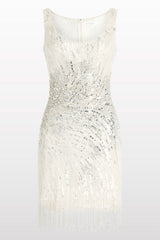 White beaded evening gown on a white background