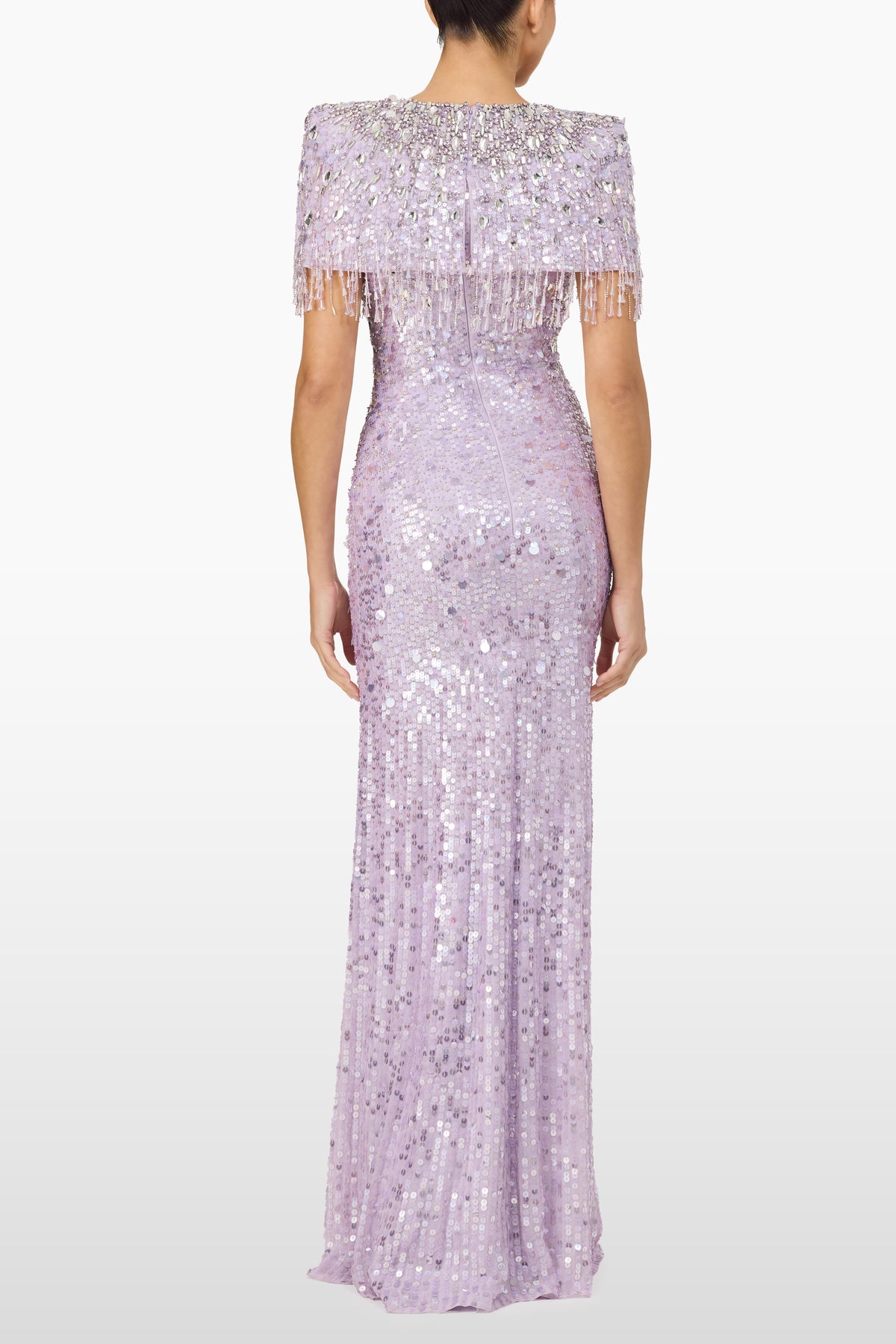 Eugenie Sequin Gown with Structured Shoulders and Fringe